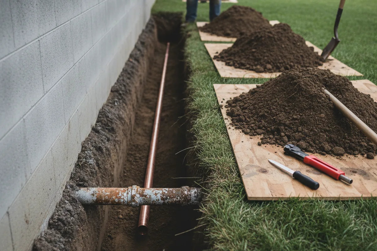 Excavated water line trench during Sewer Line Repair in Yorklyn